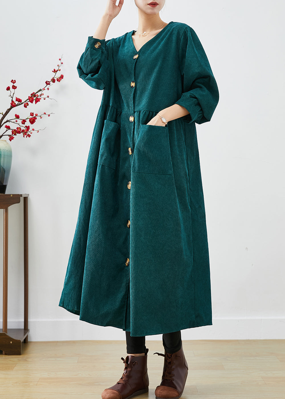 Blackish Green Oversized Pockets Corduroy Trench Fall