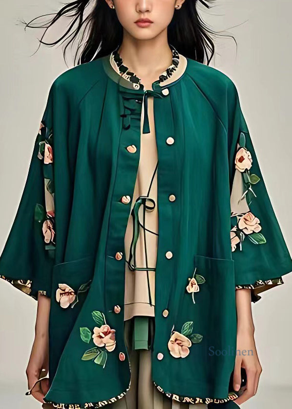 Blackish Green Ruffled Button Coats Fall
