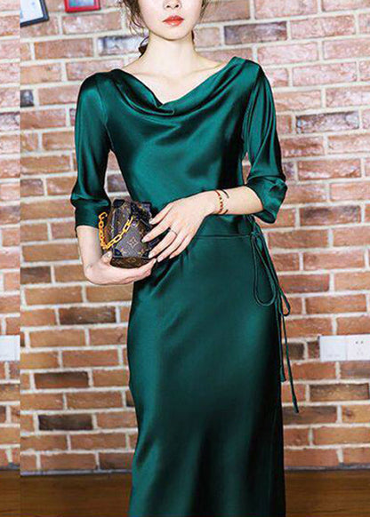 Blackish Green Slash Neck Tie Waist Silk Long Dresses Half Sleeve