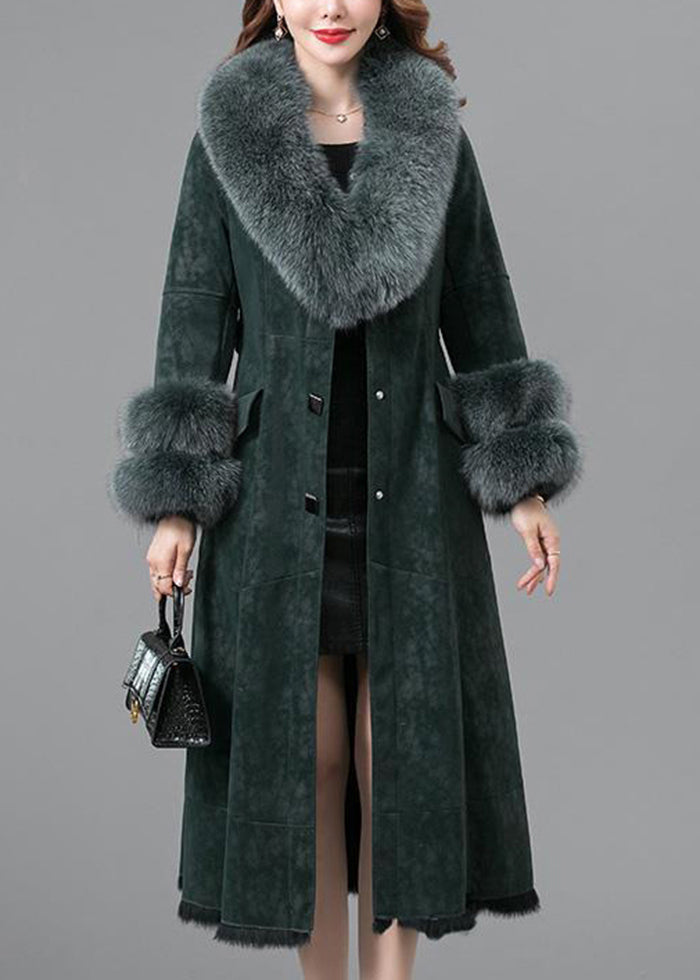 Blackish Green Slim Fit Faux Rabbit Leather and Fur Coats Winter