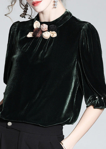 Blue Stand Collar Silk Velour Top Short Sleeve