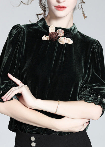Red Stand Collar Silk Velour Top Short Sleeve