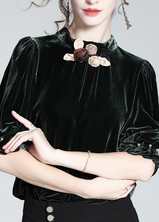 Red Stand Collar Silk Velour Top Short Sleeve