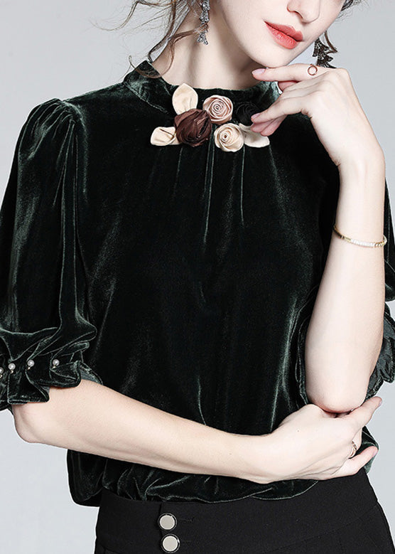 Blue Stand Collar Silk Velour Top Short Sleeve