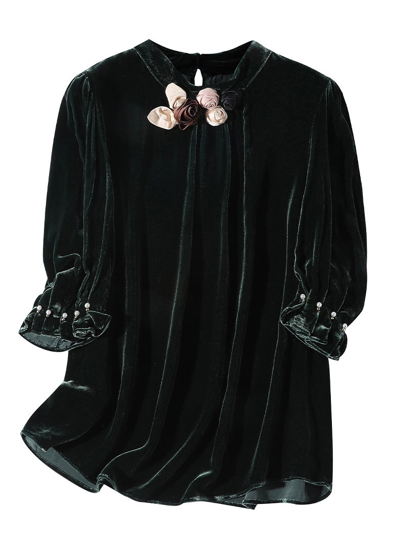 Red Stand Collar Silk Velour Top Short Sleeve