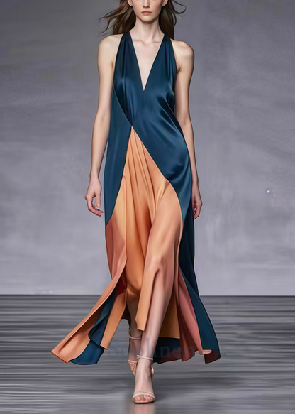 Blackish Green V Neck Patchwork Silk Ankle Dress Summer
