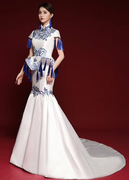 Blue and White Porcelain Tassel Embroidered Long Dress Short Sleeves