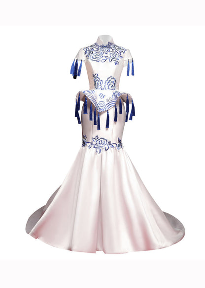 Blue and White Porcelain Tassel Embroidered Long Dress Short Sleeves