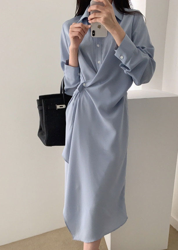 Blue Asymmetrical Cotton Holiday Dress Long Sleeve