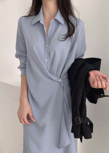 Blue Asymmetrical Cotton Holiday Dress Long Sleeve