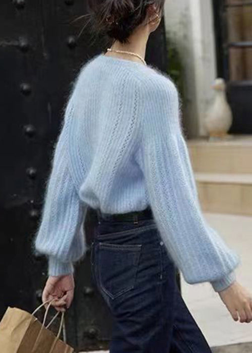 Blue Button Hollow Out Ma Hai Mao Sweaters Lantern Sleeve