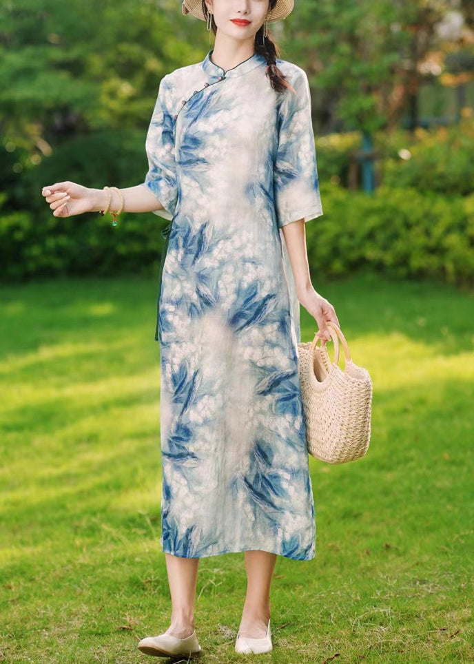 Blue Button Print Lace Up Linen Long Dresses Summer