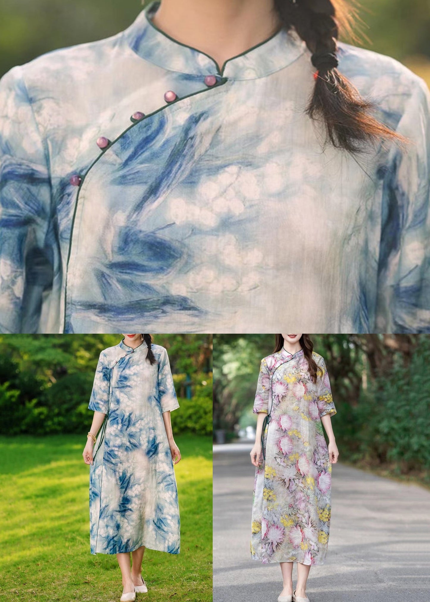 Blue Button Print Lace Up Linen Long Dresses Summer