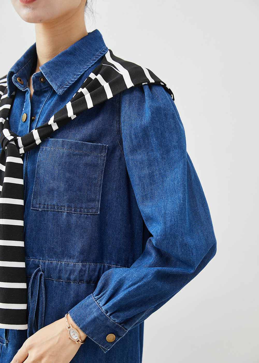 Blue Cinched Give Shawl Denim Long Dress Fall