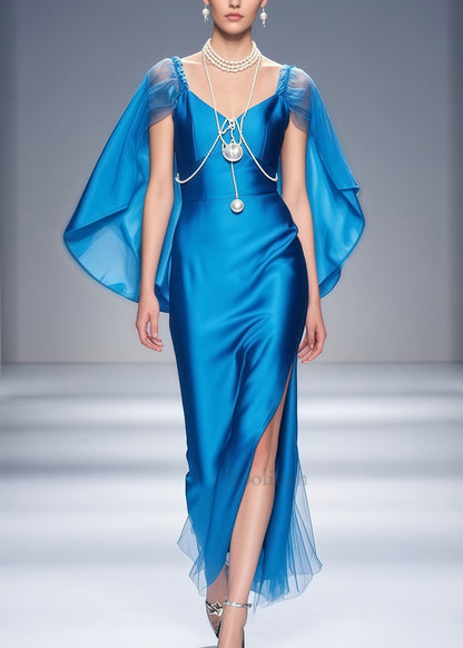 Blue Cloak Patchwork Side Open Silk Dinner Dresses Summer
