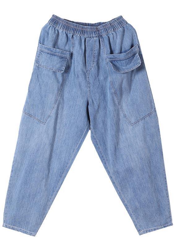 Blue Elastic Waist Pockets Harem Summer Cotton Pants