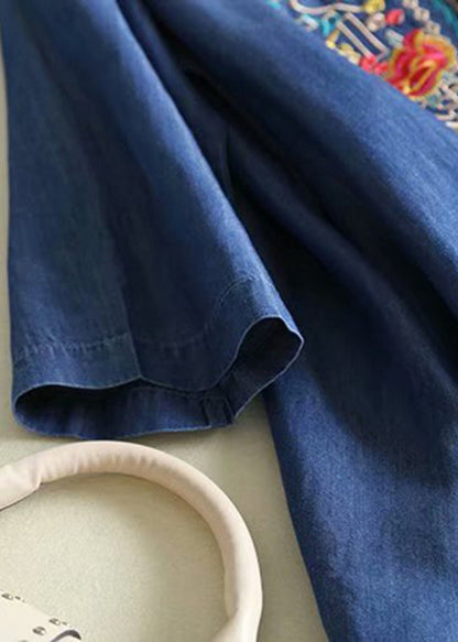 Blue Embroidered Side Open Denim Dresses Summer