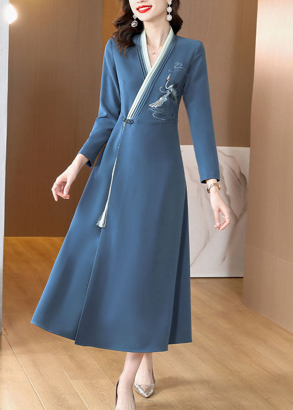 Blue Embroidered Button Long Dress Long Sleeve