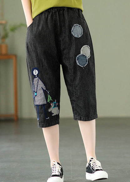 Blue Embroideried Print Elastic Waist Denim Crop Pants Summer