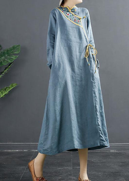 Blue Embroidery Tunic Stand Collar a Line Dress