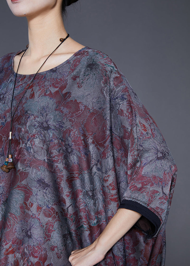 Blue Grey Oversized Patchwork Tassel Silk Dresses Batwing Sleeve