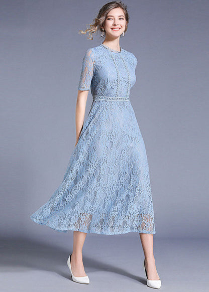 Blue Hollow Out Embroideried Patchwork Lace Long Dresses Summer