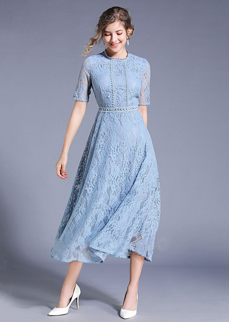 Blue Hollow Out Embroideried Patchwork Lace Long Dresses Summer