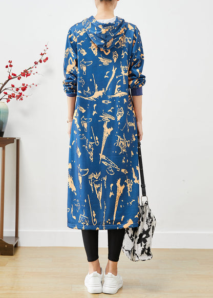Blue Hooded Print Cotton Sweatshirts Dress Fall