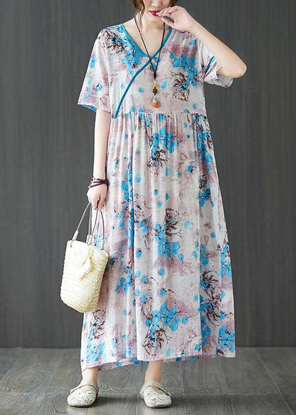 Blue Loose Patchwork Pockets Summer Vacation Dress Short Sleeve