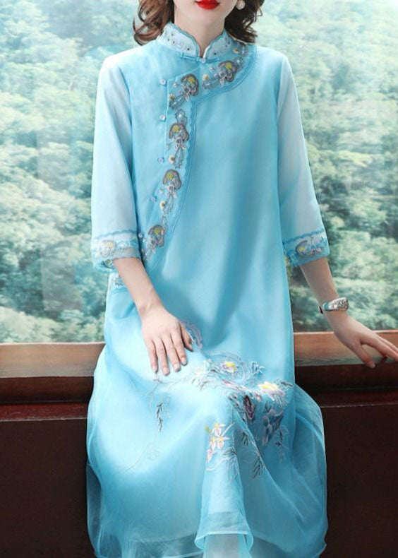 Blue Mandarin Collar Embroideried Chiffon a Line Dresses Bracelet Sleeve