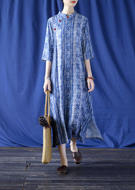 Blue Mandarin Collar Side Open Print Cheongsam Dress Half Sleeve