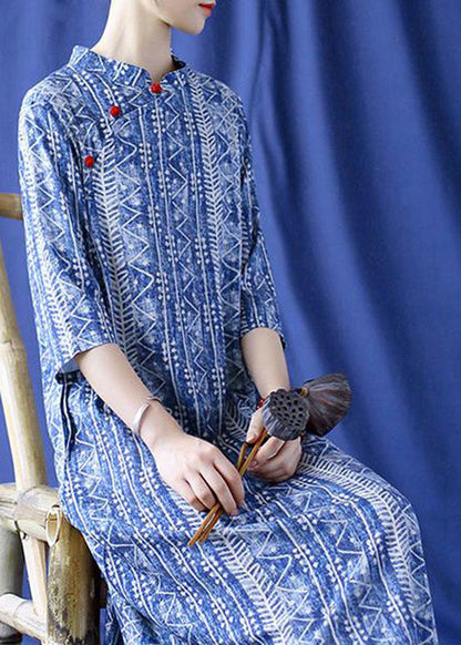 Blue Mandarin Collar Side Open Print Cheongsam Dress Half Sleeve
