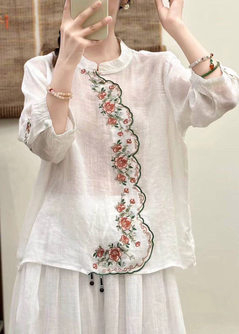 Blue O-neck Embroidered Linen Shirt Tops Three Quarter Sleeve