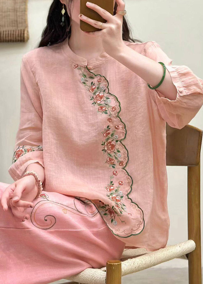Blue O-neck Embroidered Linen Shirt Tops Three Quarter Sleeve