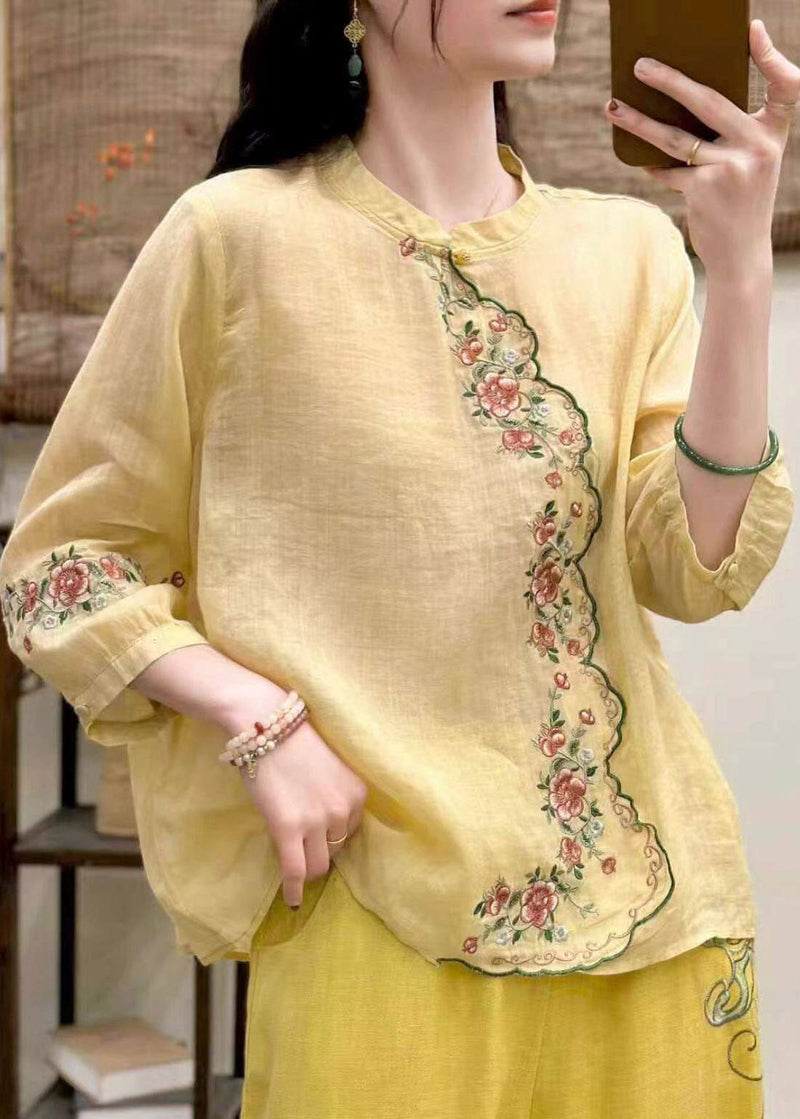 Blue O-neck Embroidered Linen Shirt Tops Three Quarter Sleeve