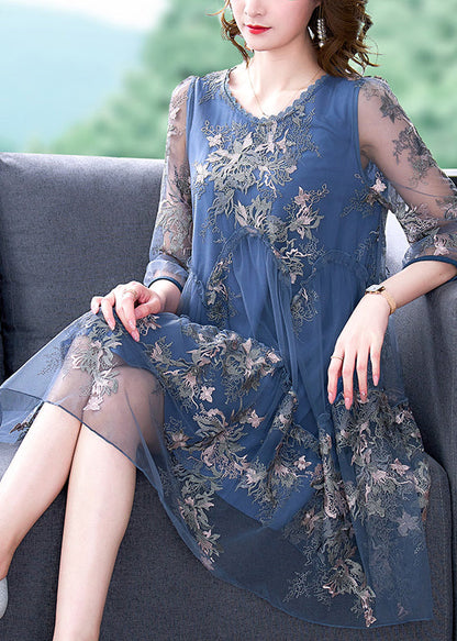 Blue O-neck Print Patchwork Tulle Vacation Dresses Half Sleeve