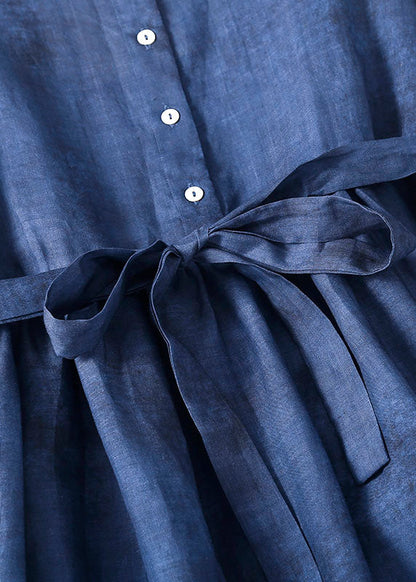 Blue O-neck Print Tie Waist Cotton Long Dresses Short Sleeve