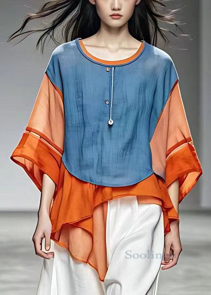Blue O Neck Patchwork Cotton Top Bracelet Sleeve