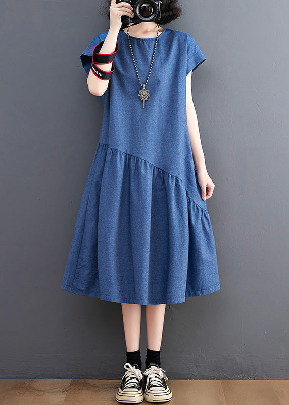 Blue O-neck Patchwork Silk Denim Maxi Dress Summer