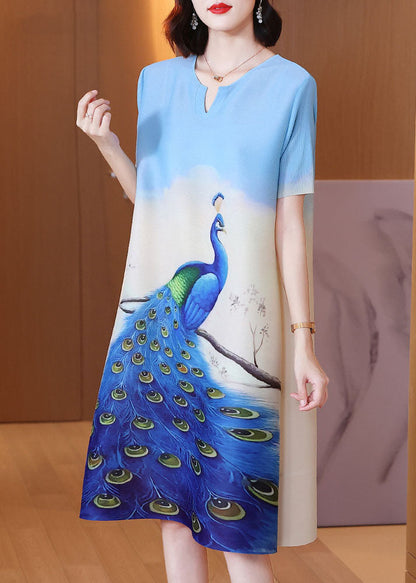 Blue O-neck Peacock Print Silk Mid Dress Short Sleeve