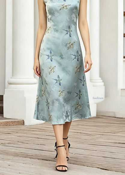 Blue O-neck Print Long Dress Short Sleeve