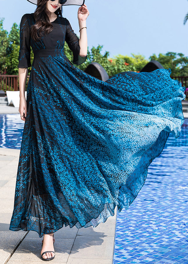 Blue O-neck Print Party Chiffon Long Dress Half Sleeve