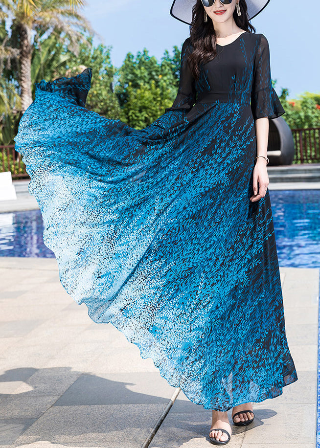 Blue O-neck Print Party Chiffon Long Dress Half Sleeve