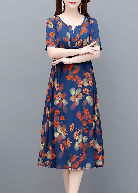 Blue O-neck Wrinkled Print Cotton Cinch Dresses Short Sleeve