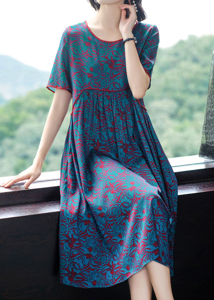 Blue O-neck Wrinkled Print Silk Long Dress Short Sleeve
