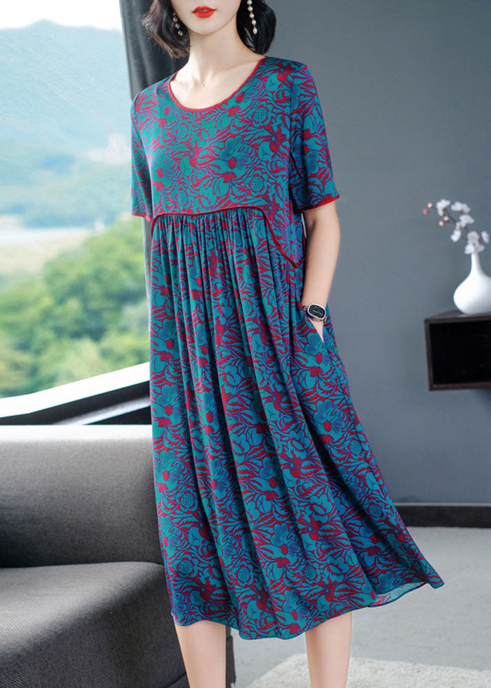 Blue O-neck Wrinkled Print Silk Long Dress Short Sleeve