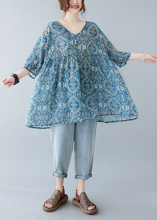 Blue Oversized Print Linen Mini Dresses Summer