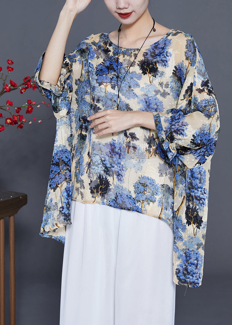 Blue Oversized Print Silk Blouse Tops Summer