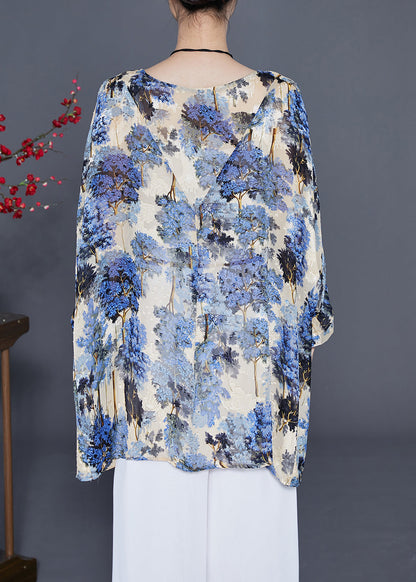 Blue Oversized Print Silk Blouse Tops Summer
