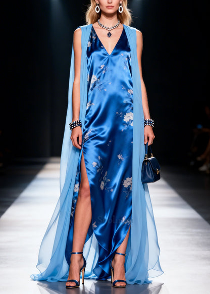 Blue Patchwork Silk Maxi Dress Side Open Sleeveless